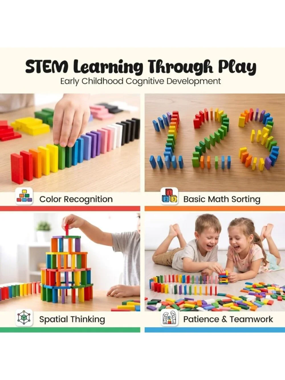 Colorful 360 PCS Wooden Dominoes Set for Kids - Stacking & Racing Educational